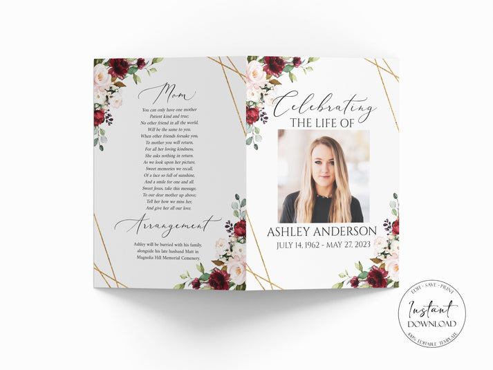 Celebration of life Red Roses Funeral Program Template R1 ...