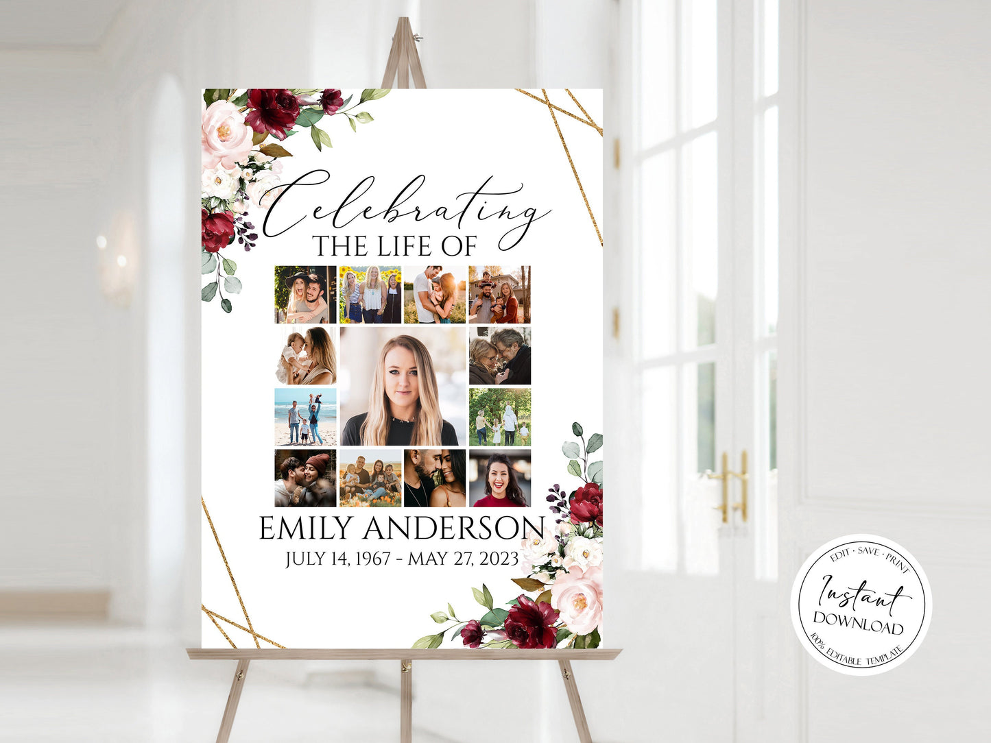 Celebration Of Life Roses Photo Collage Funeral Welcome Sign, Red Roses Photo Collage Funeral Poster, Photo Collage Memorial Service Sign R1