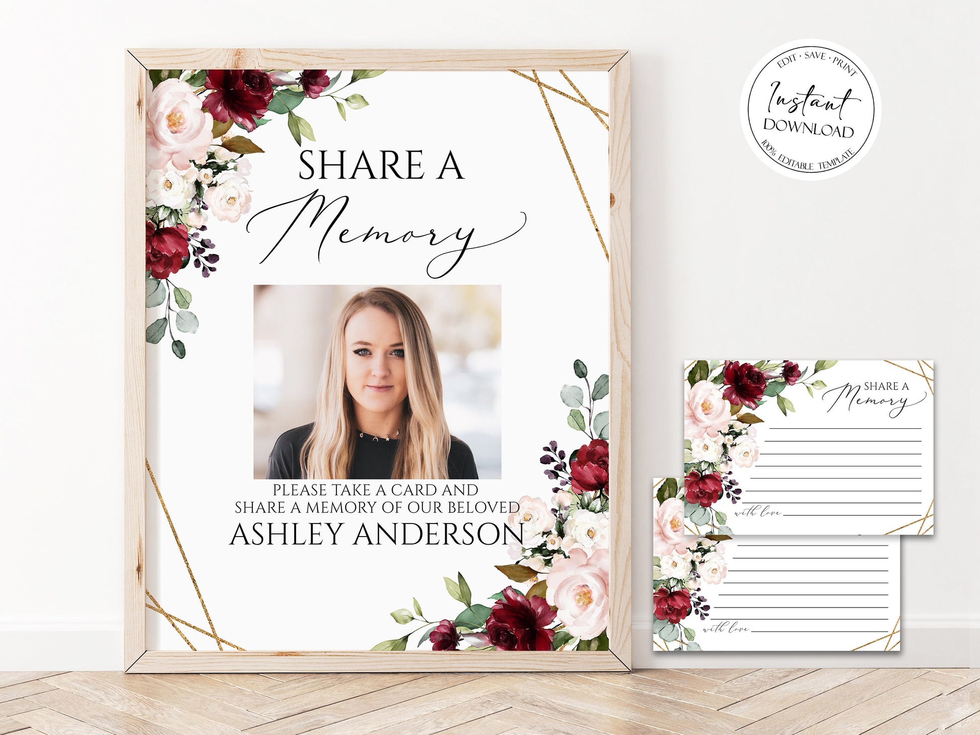 Red Roses Share a Memory Funeral Sign Share a Memory Card, Roses Funeral Memory Card, Editable Red Roses Funeral Share a Memory Template R1