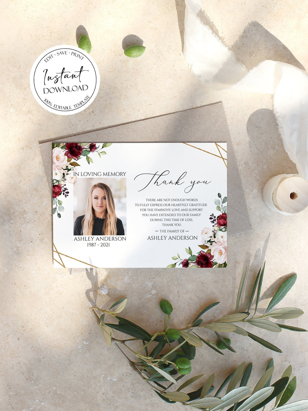 Celebration of life Red Roses Funeral Photo Thank You Card Template R1 ...
