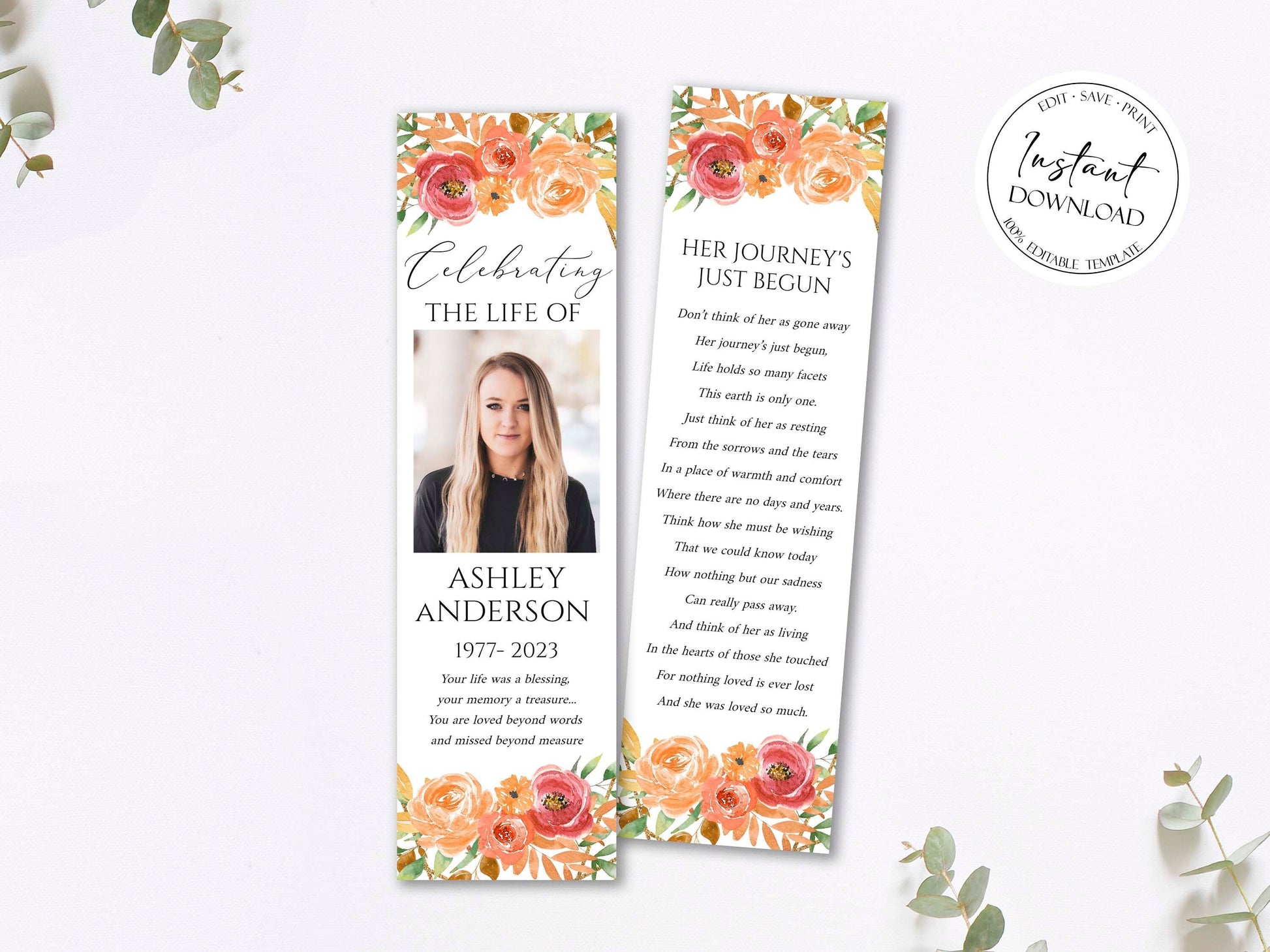 Celebration of Life Orange Floral Gold Fall Funeral Bookmark Template, Autumn Funeral Keepsake Card Orange Memorial Bookmark Fall Celebration of Life Bookmark