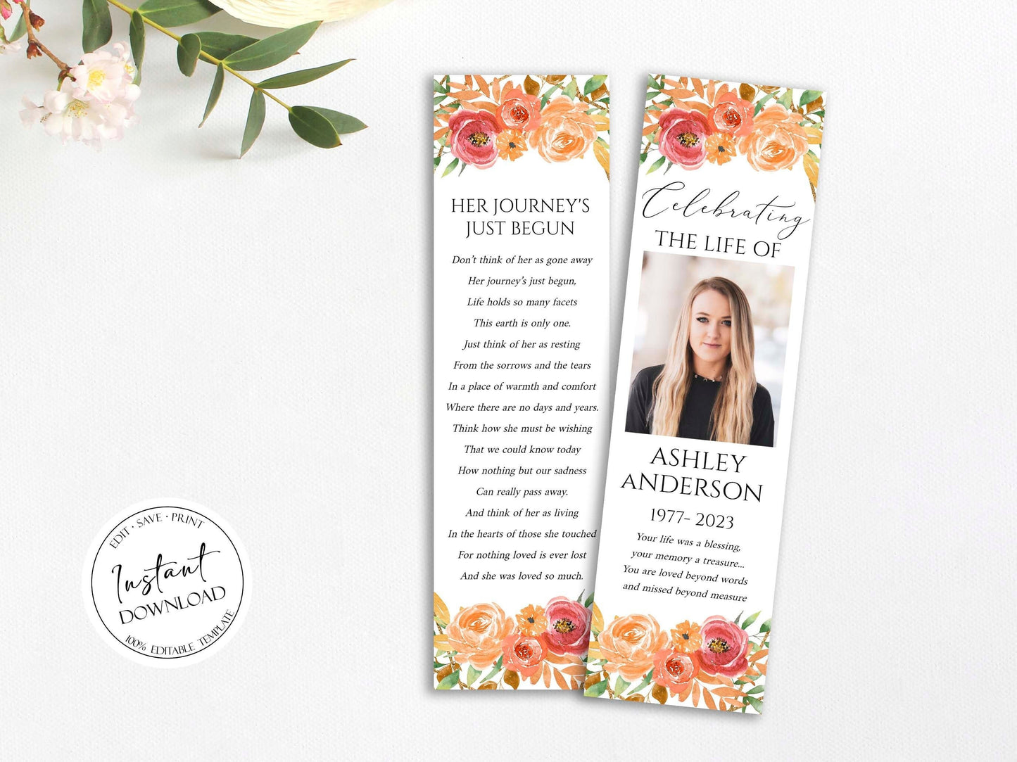 Celebration of Life Orange Floral Gold Fall Funeral Bookmark Template, Autumn Funeral Keepsake Card Orange Memorial Bookmark Fall Celebration of Life Bookmark