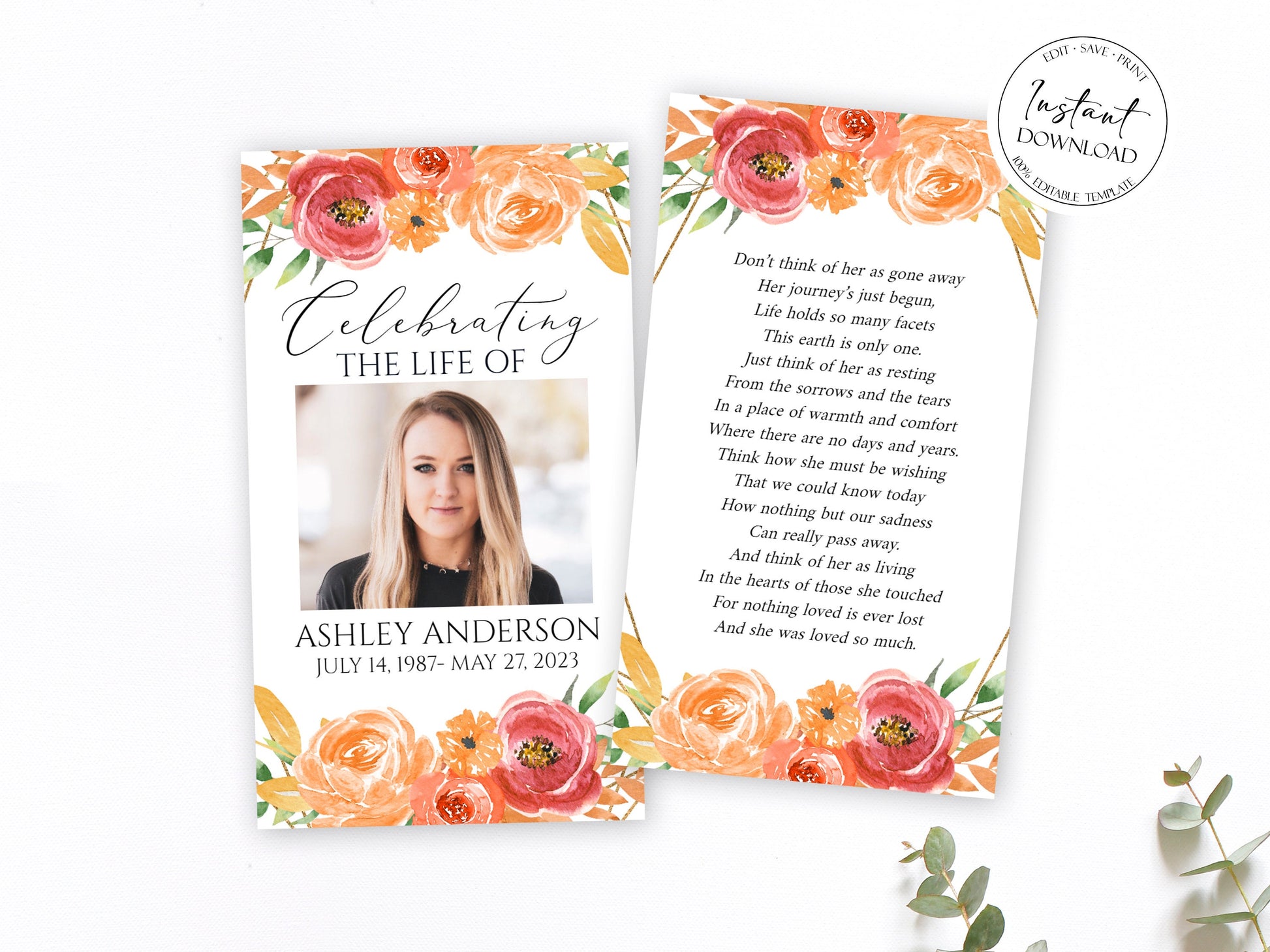 Editable Celebration of life Orange Floral Gold Fall Funeral Prayer Cards Template, Printable Fall Memorial Prayer Card, Autumn Funeral Prayer Card, Orange Catholic Card 