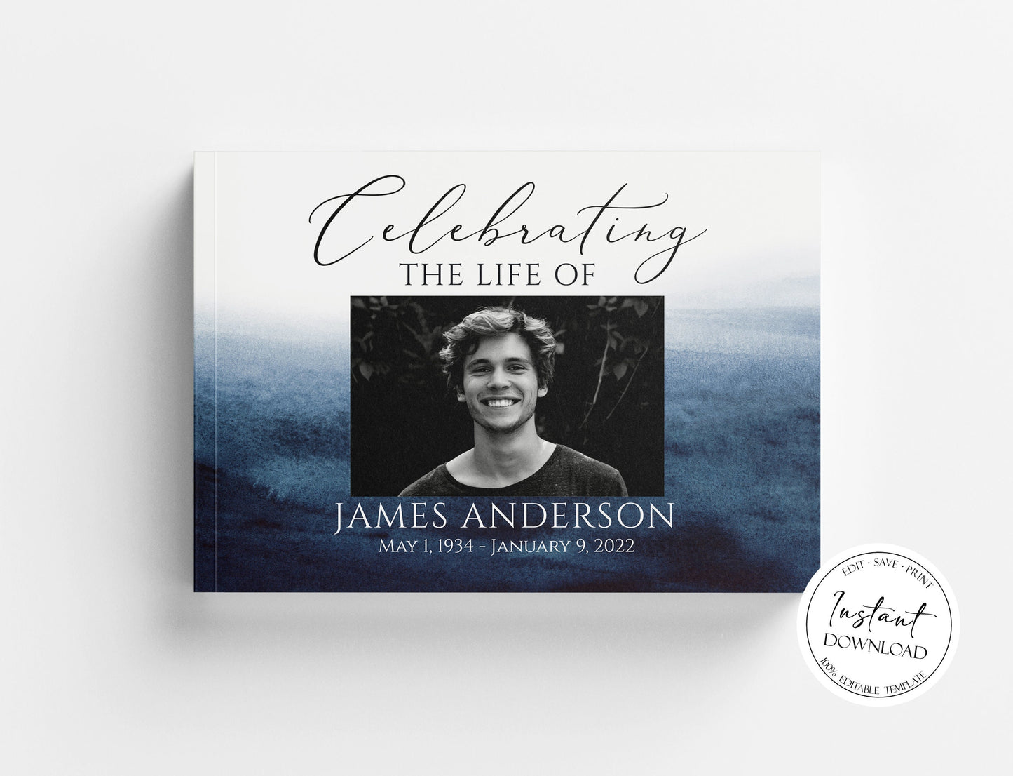 Celebration of life Blue Watercolor Funeral Guest Book Template, Printable Ocean Watercolor Remembrance Memorial Guest Book Condolence Book, Instant Download