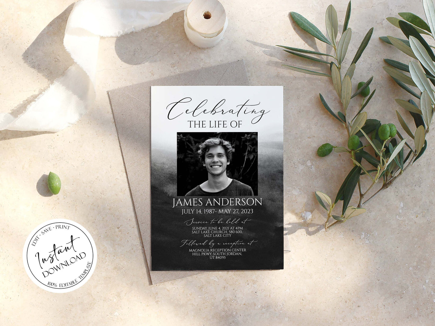 Celebration of life Black Watercolor Funeral Invitation Template, Funeral Announcement for men, Printable Black Watercolor Memorial Service Invitation B6