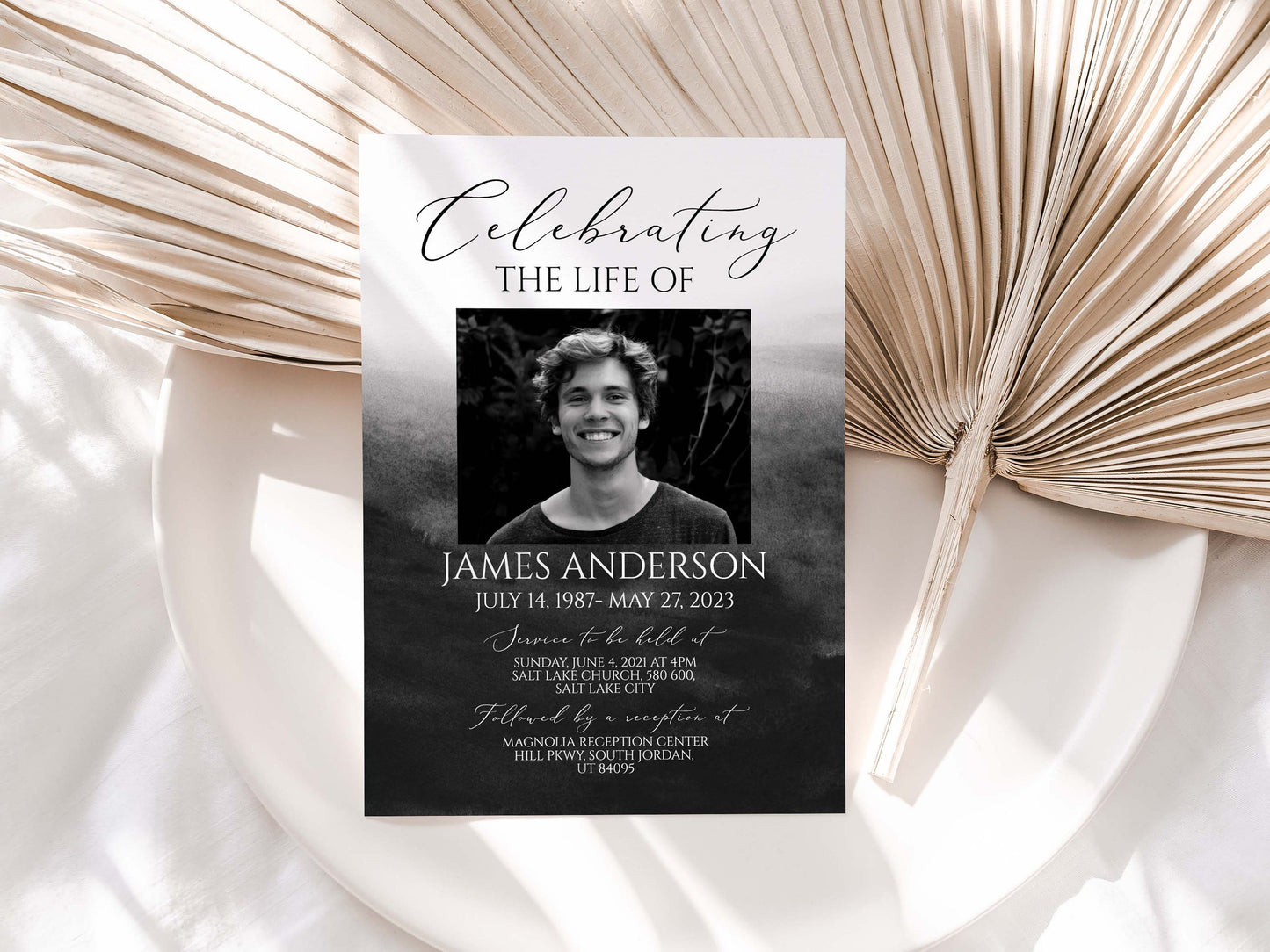 Celebration of life Black Watercolor Funeral Invitation Template, Funeral Announcement for men, Printable Black Watercolor Memorial Service Invitation B6