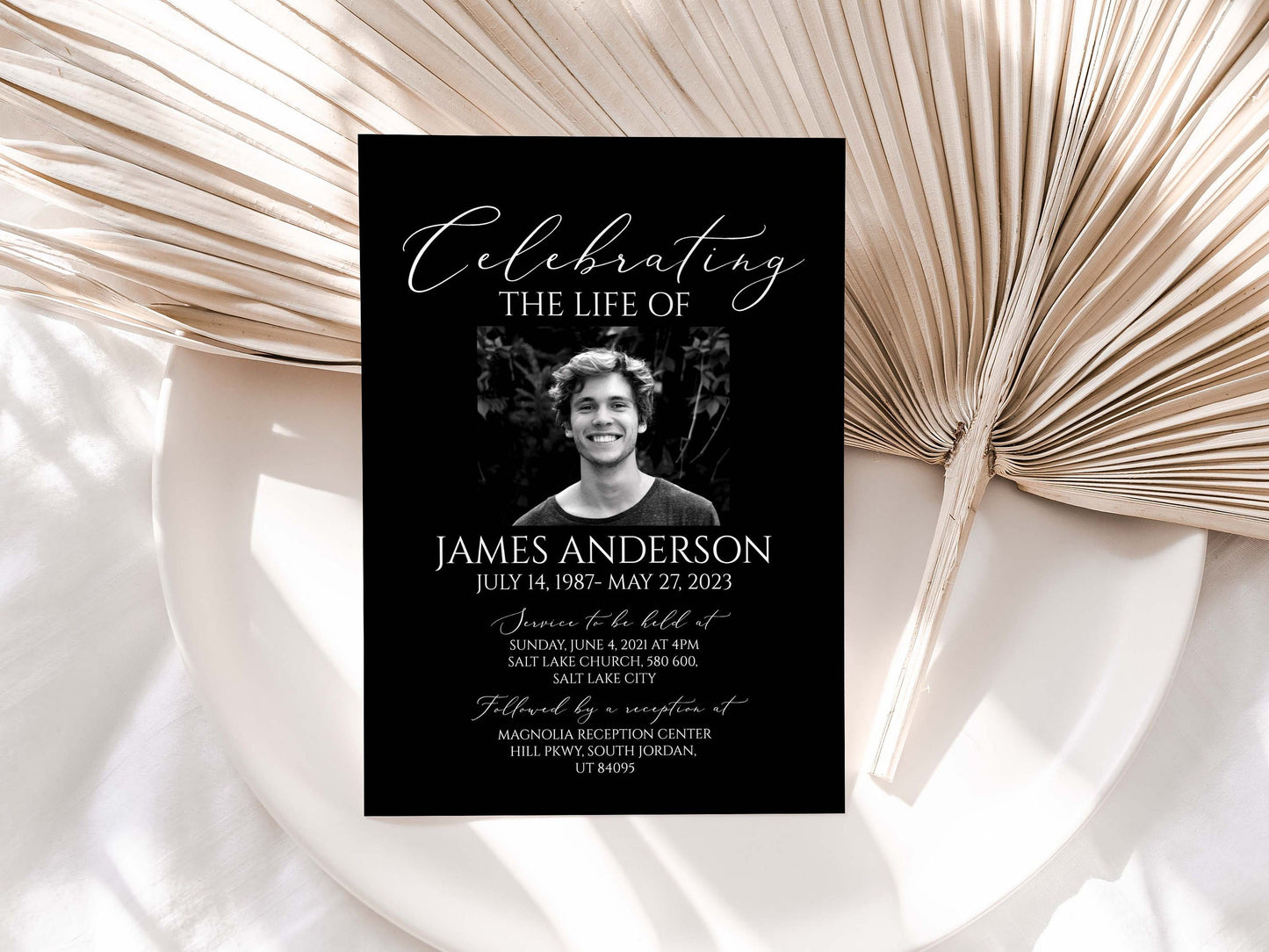 Celebration of life Minimalist Elegant Black Funeral Invitation Template, Editable Black Funeral Announcement, Printable Black Memorial invitation B7