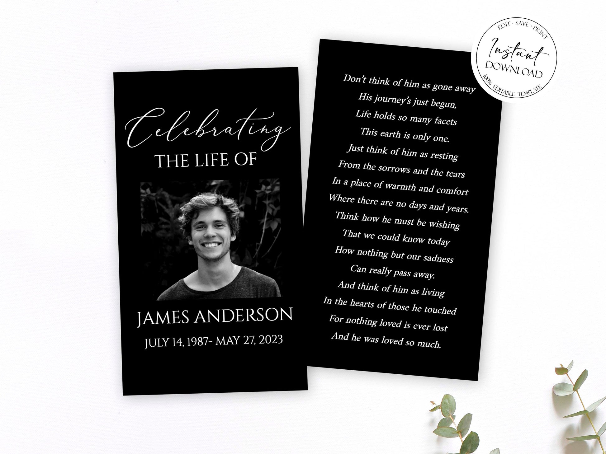 Celebration of Life Minimalist Elegant Black Funeral Prayer Card Template, Printable Memorial Prayer Card, Catholic Mass Card, Black Obituary Card B7