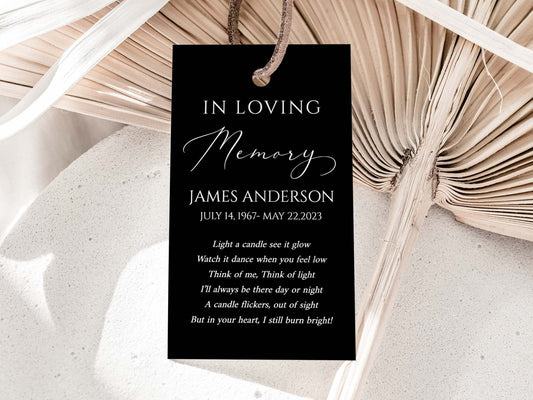 In Loving Memory Minimalist Elegant Black Funeral Favor Tag Template, Memorial Candle Favor Tag, Black In Loving Memory Favor Tags Funeral Keepsake Cards B7