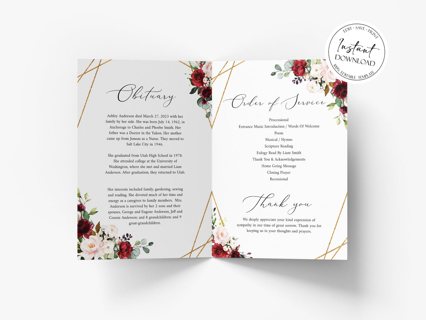 Celebration of life Red Roses Funeral Program Template R1 ...