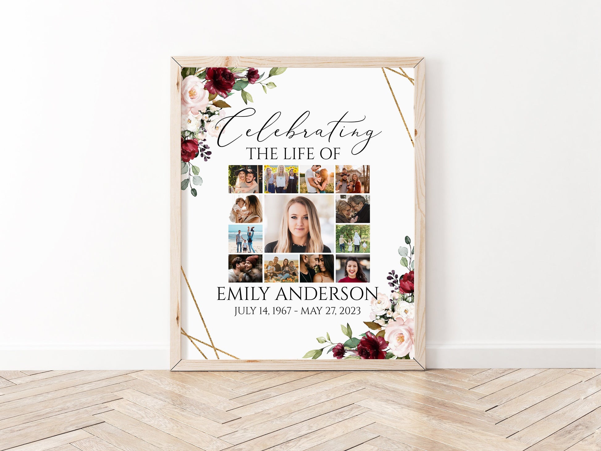 Celebration Of Life Roses Photo Collage Funeral Welcome Sign, Red Roses Photo Collage Funeral Poster, Photo Collage Memorial Service Sign R1