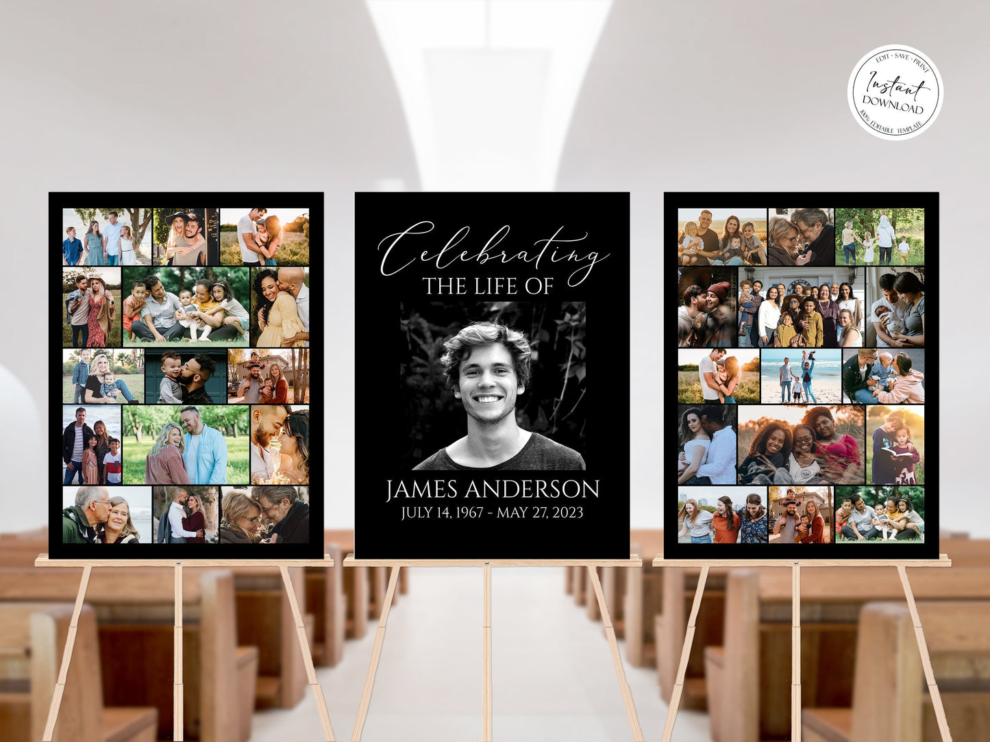 Celebration Of Life Minimalist Elegant Black Photo Collage Funeral Welcome Sign Set Templates, Funeral Poster Photo Display Set, Photo Collage Memorial Service Sign