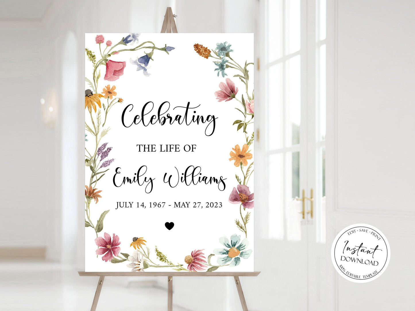 Celebration Of Life Red Greenery Wildflower Meadow Funeral Welcome Sign Template, In Loving Memory Welcome Sign, Wildflower Meadow Memorial Sign