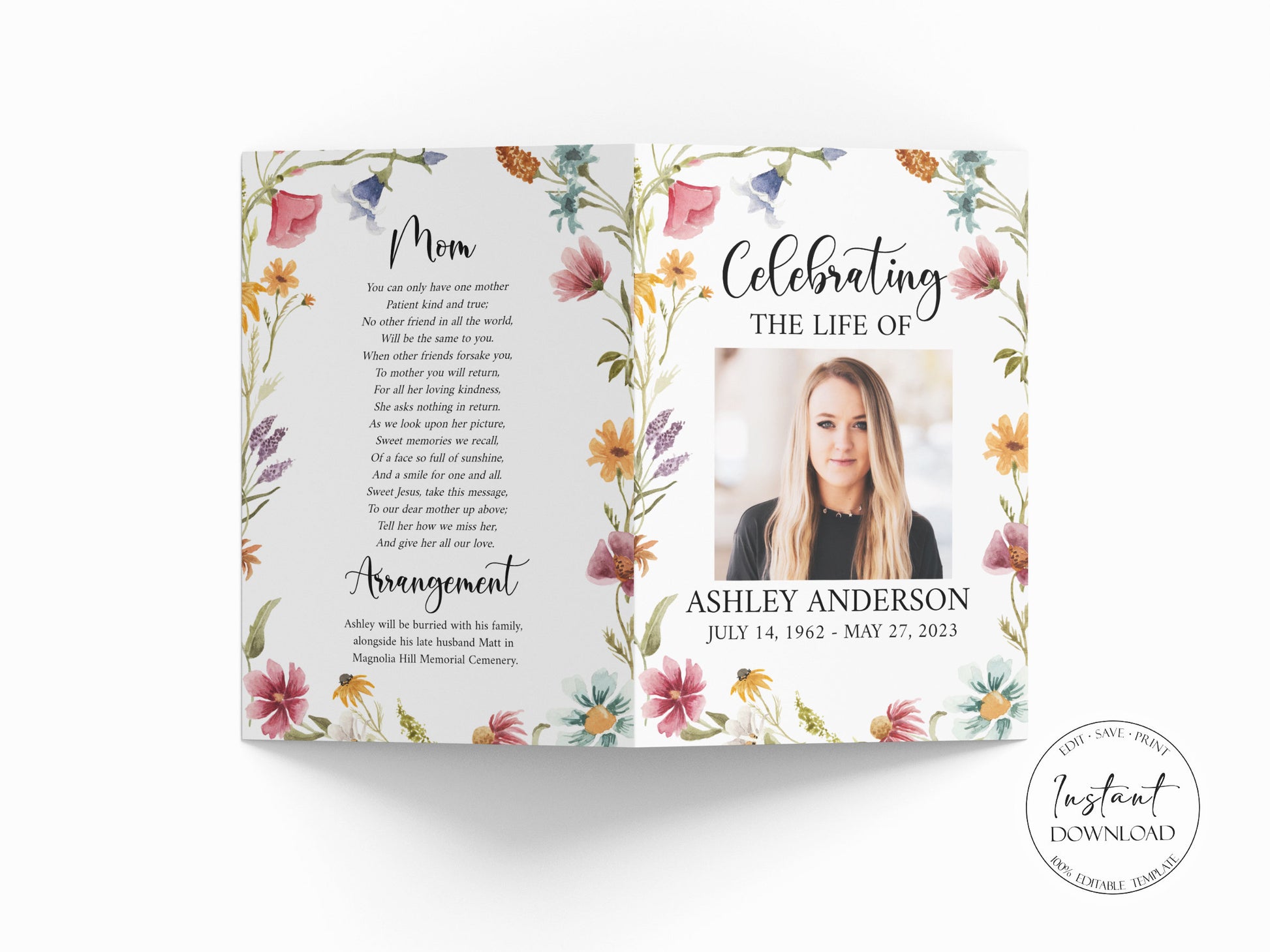 Celebration of life Red Greenery Wildflower Meadow Funeral Program Template , Wildflower Funeral Program Template, Wildflower Memorial Program 