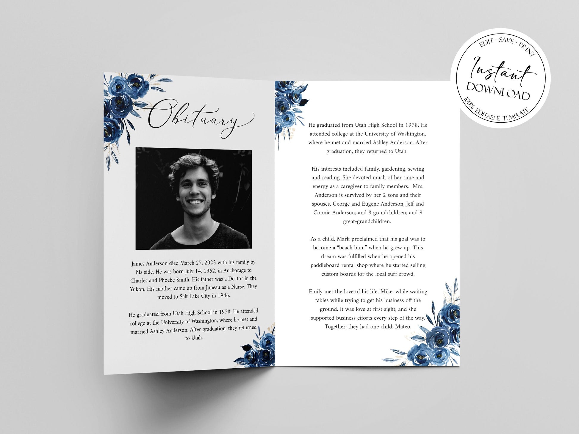 Celebration of Life 8 Page Royal Blue Flowers Gold Funeral Program Template, Blue Floral Funeral Memorial Program, Royal Blue Obituary Program Template B2