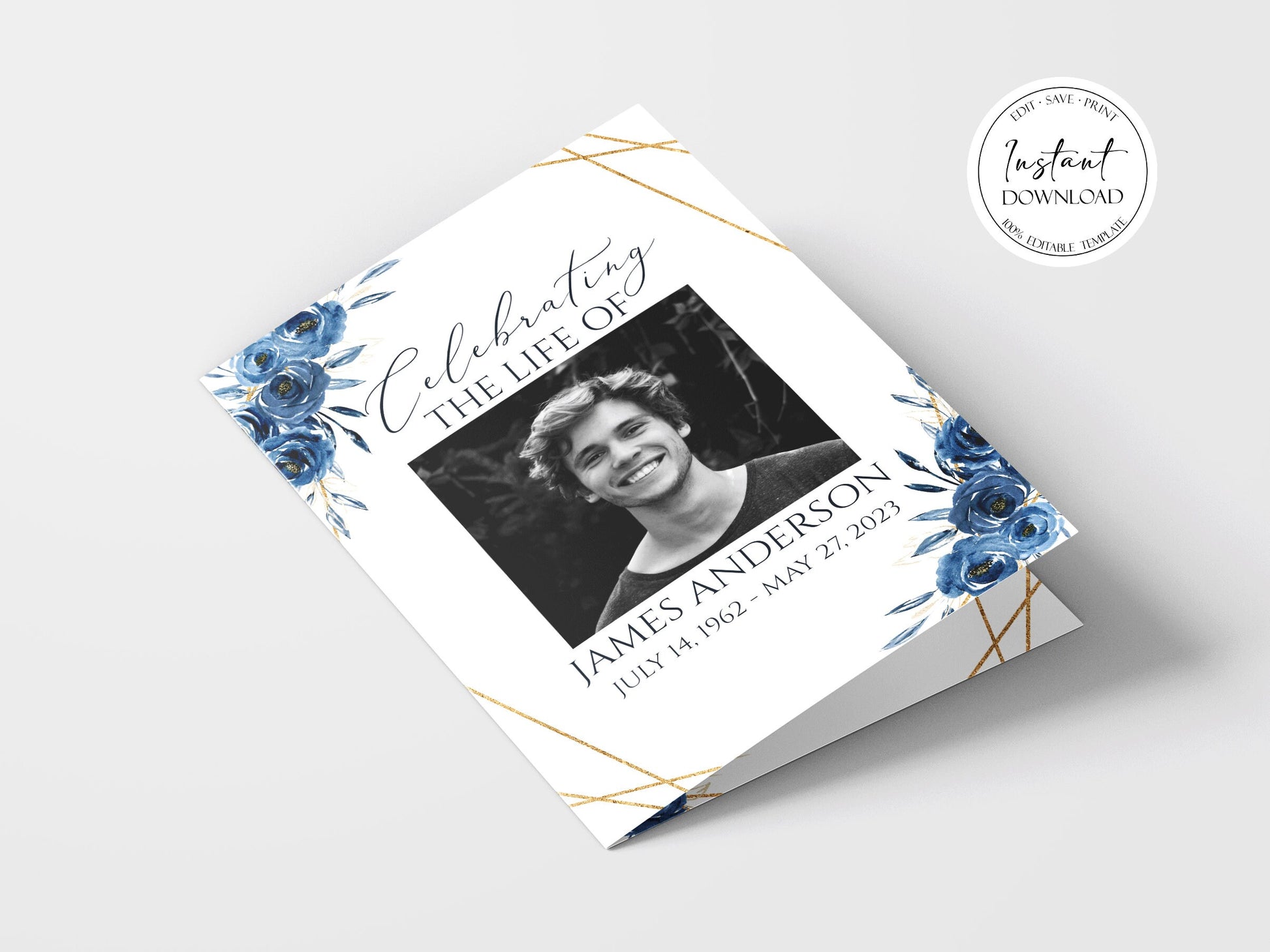 Celebration of Life 8 Page Royal Blue Flowers Gold Funeral Program Template, Blue Floral Funeral Memorial Program, Royal Blue Obituary Program Template B2