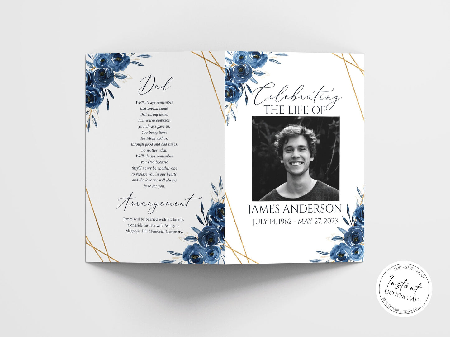 Celebration of Life 8 Page Royal Blue Flowers Gold Funeral Program Template, Blue Floral Funeral Memorial Program, Royal Blue Obituary Program Template B2