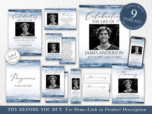 Blue Watercolor Baby Funeral Bundle Templates, Memorial Package, Celebration of Life Package, In Loving Memory Suite Blue Child Funeral Set B4