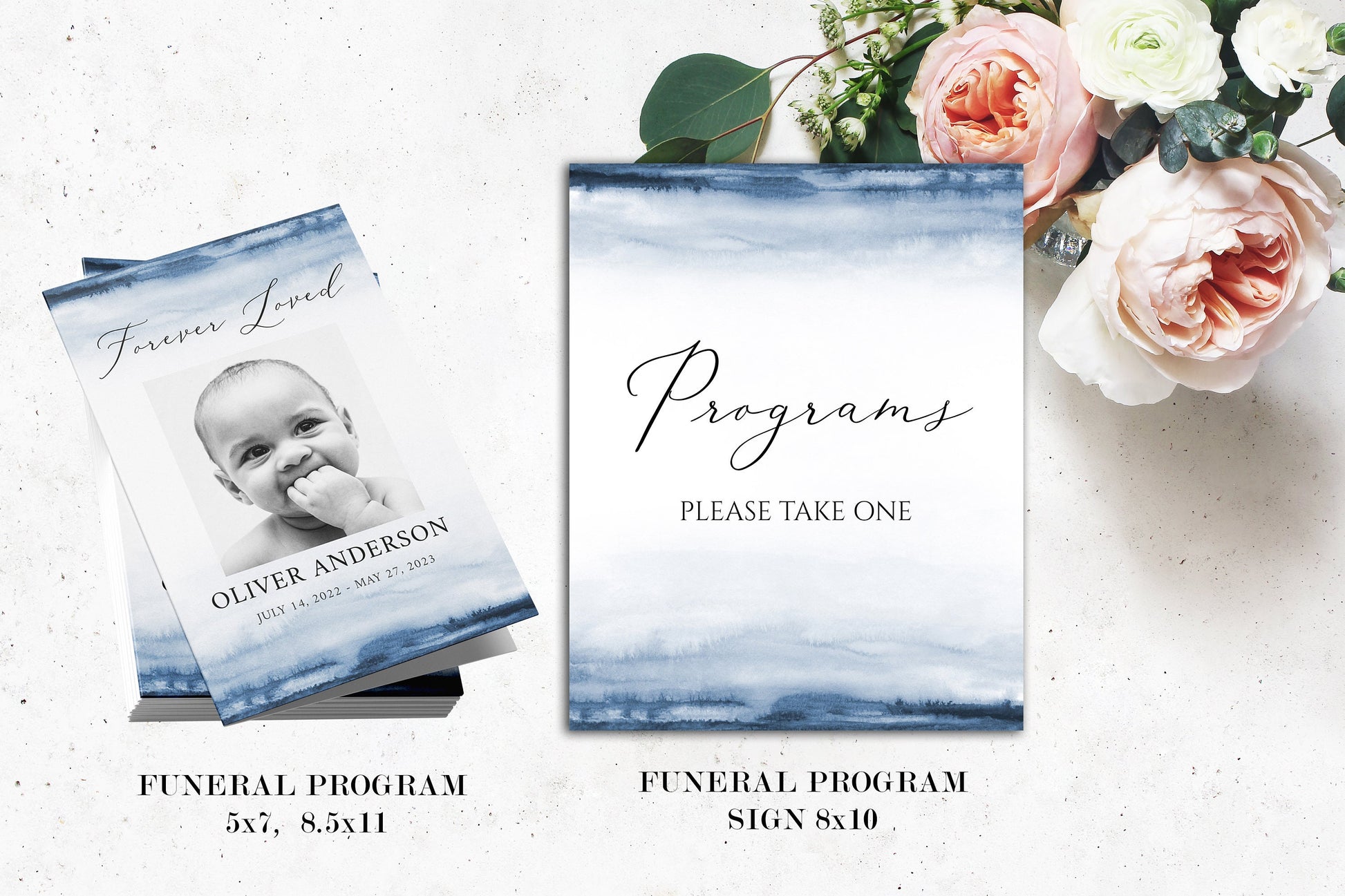 Blue Watercolor Baby Funeral Bundle Templates, Memorial Package, Celebration of Life Package, In Loving Memory Suite Blue Child Funeral Set B4