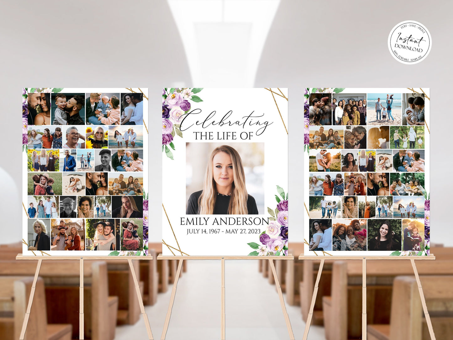 Celebration Of Life Funeral Poster Purple Photo Collage Funeral Welcome Sign Photo Memorial Sign Purple Funeral Poster Photo Display Set P1