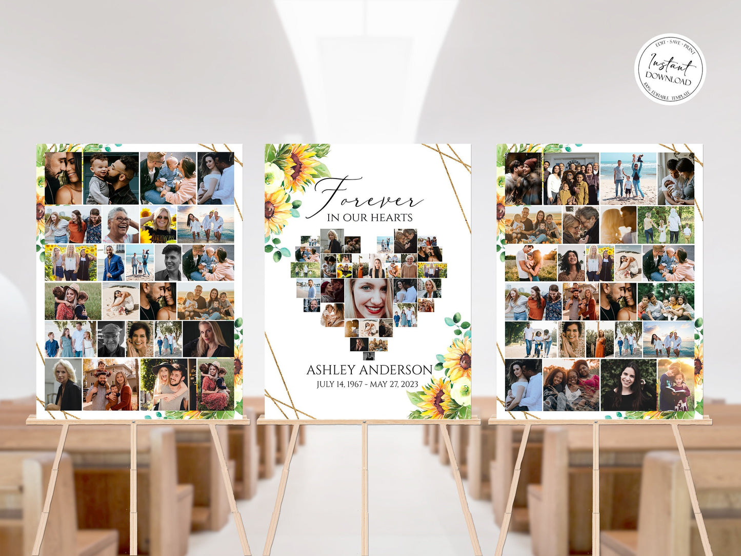 Forever in our Hearts Sunflower Heart Photo Collage Funeral Welcome Sign Template, Forever in our Hearts Sunflower Memorial Photo Display Set S1