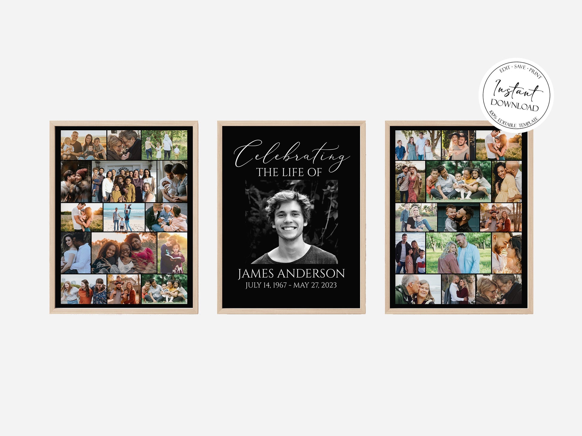 Celebration Of Life Minimalist Elegant Black Photo Collage Funeral Welcome Sign Set Templates, Funeral Poster Photo Display Set, Photo Collage Memorial Service Sign