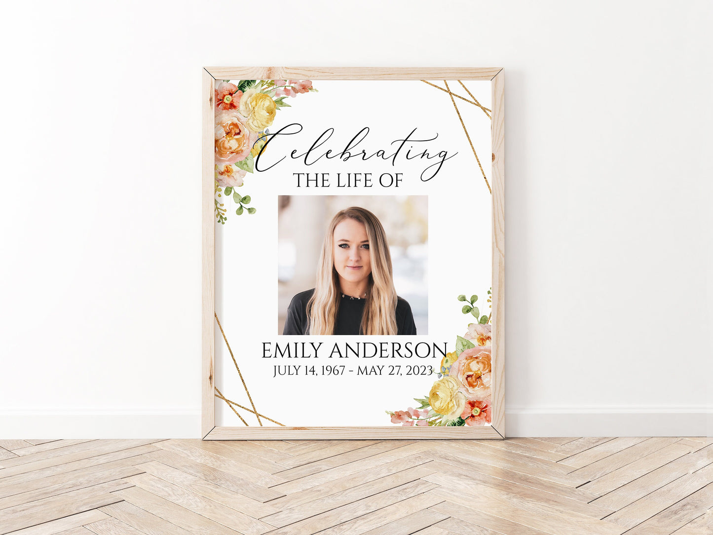 Celebration Of Life Elegant Yellow Pink Floral Funeral Welcome Sign Template, Elegant Yellow Pink Floral Memorial Sign, Editable Elegant Yellow Pink Floral Funeral Poster