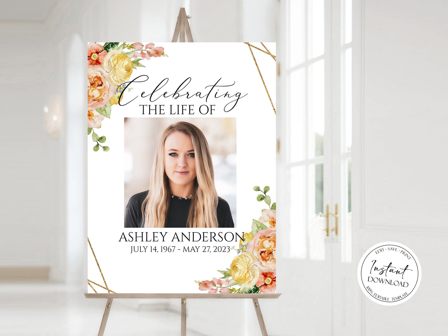 Celebration Of Life Elegant Yellow Pink Floral Funeral Welcome Sign Template, Elegant Yellow Pink Floral Memorial Sign, Editable Elegant Yellow Pink Floral Funeral Poster