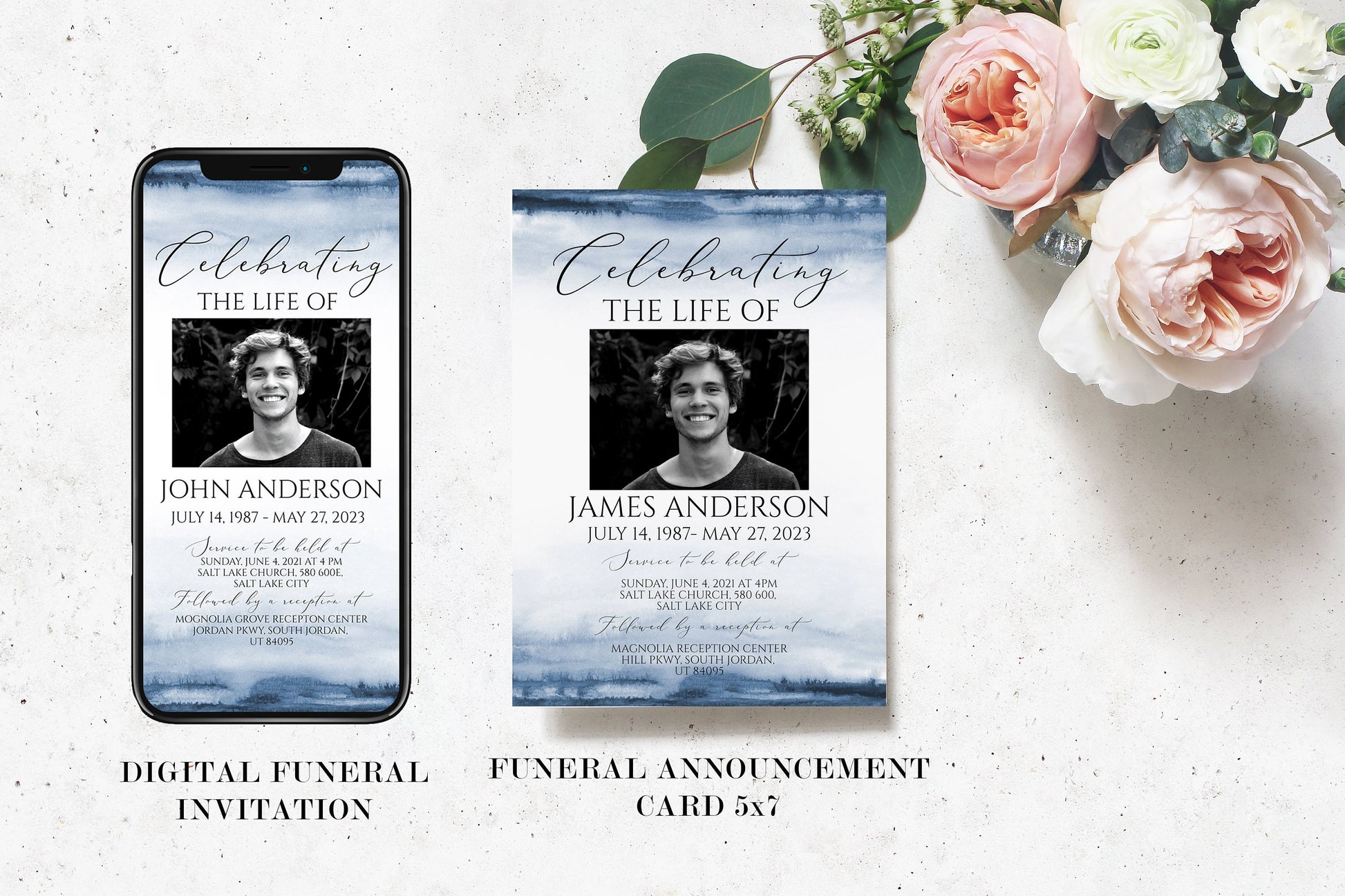 Blue Watercolor Baby Funeral Bundle Templates, Memorial Package, Celebration of Life Package, In Loving Memory Suite Blue Child Funeral Set B4