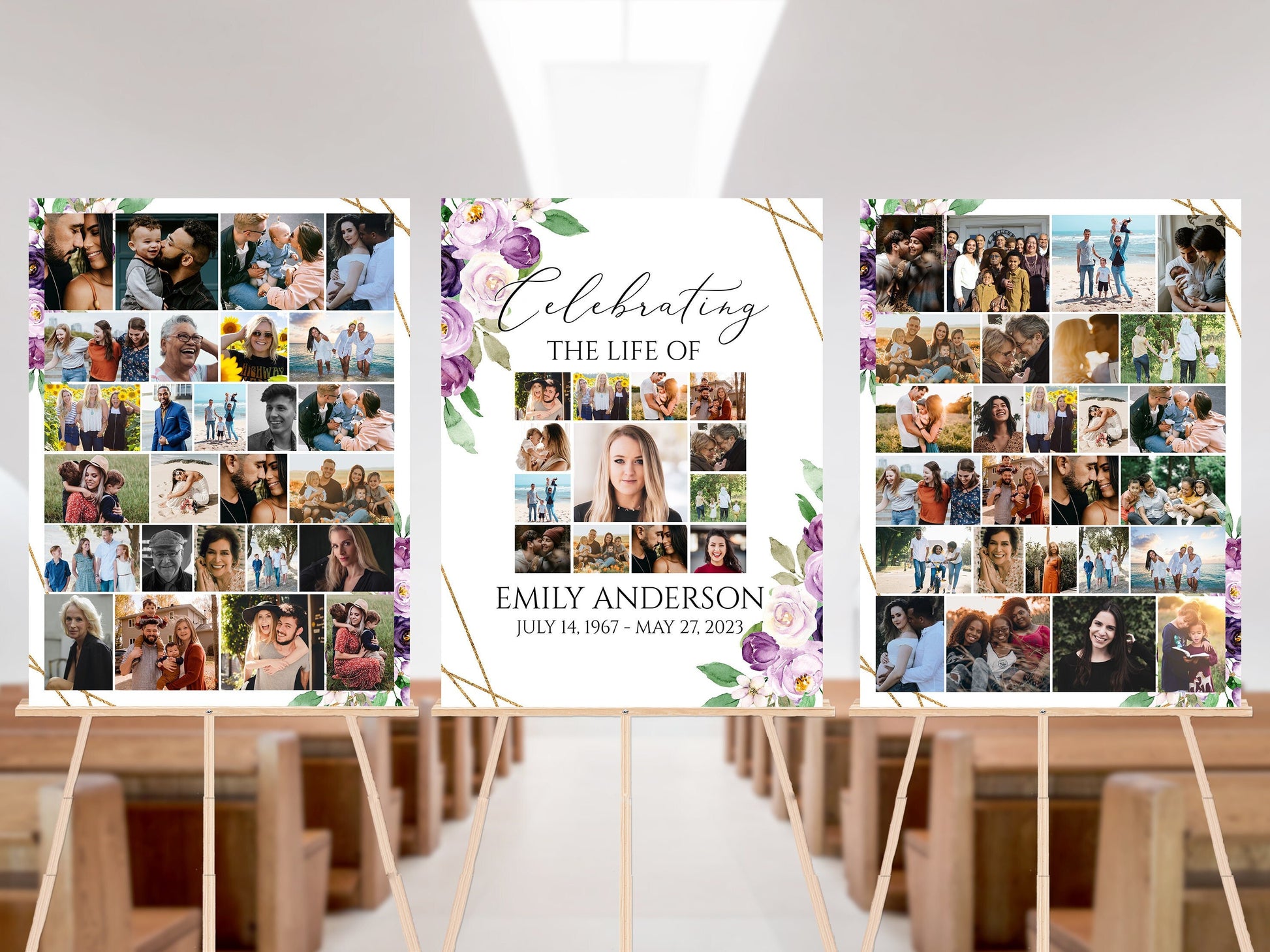 Celebration Of Life Funeral Poster, Editable Purple Photo Collage Funeral Sign, Photo Memorial Sign, Funeral Poster Photo Display Set P1