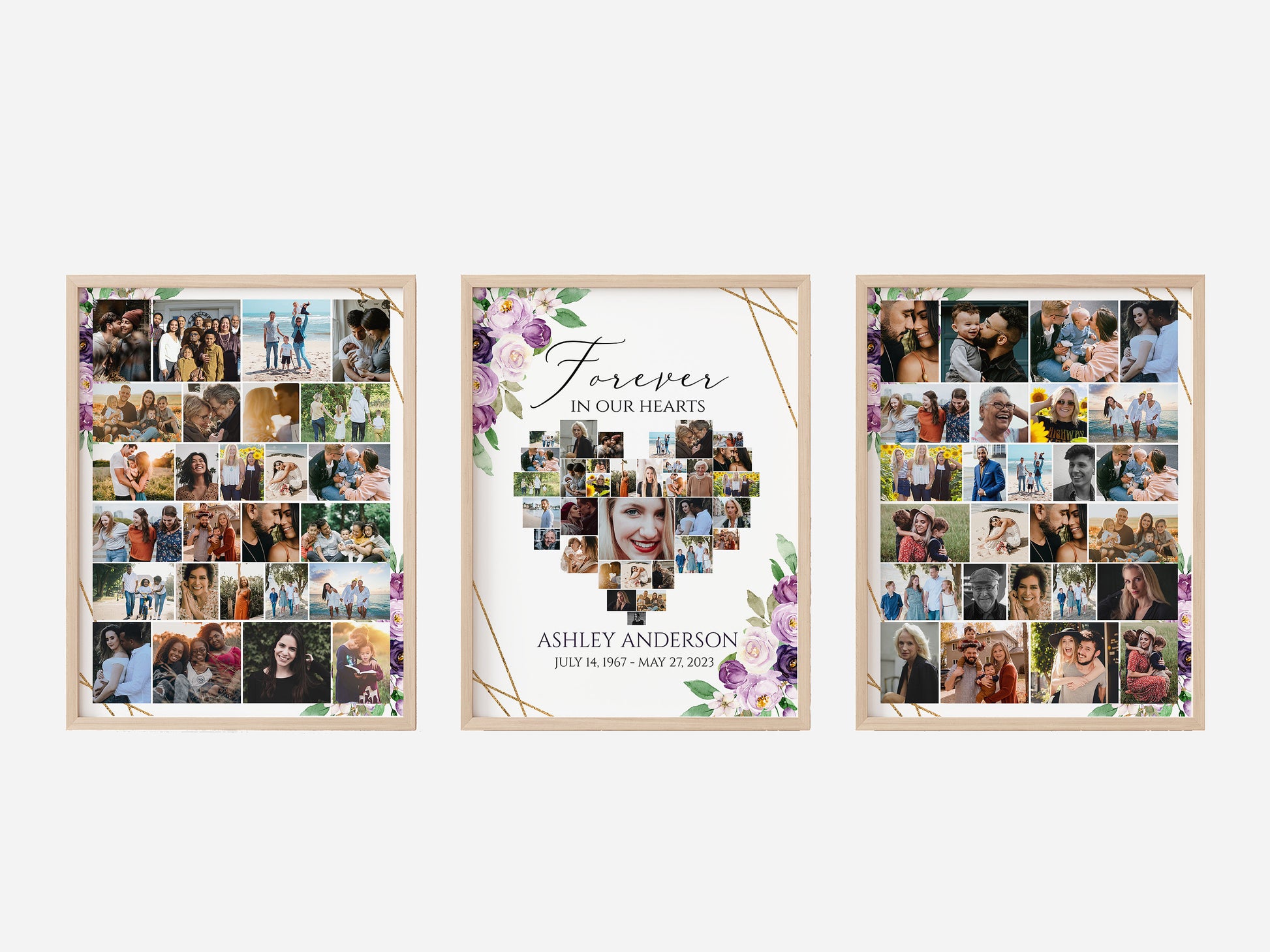 Celebration Of Life Funeral Poster, Editable Purple Heart Photo Collage Funeral Sign, Forever in our Hearts, Memorial Photo Display Set P1