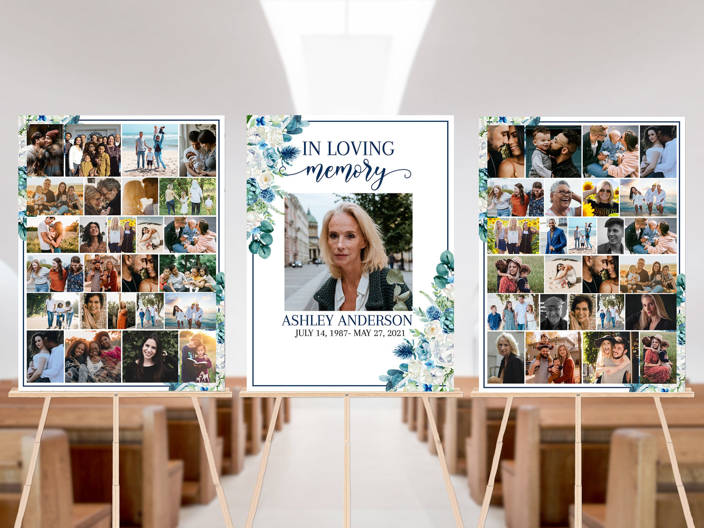 In Loving Memory Blue White Floral Photo Collage Funeral Welcome Sign Template, Blue White Photo Collage Memorial Sign, Funeral Poster Photo Display Set B1