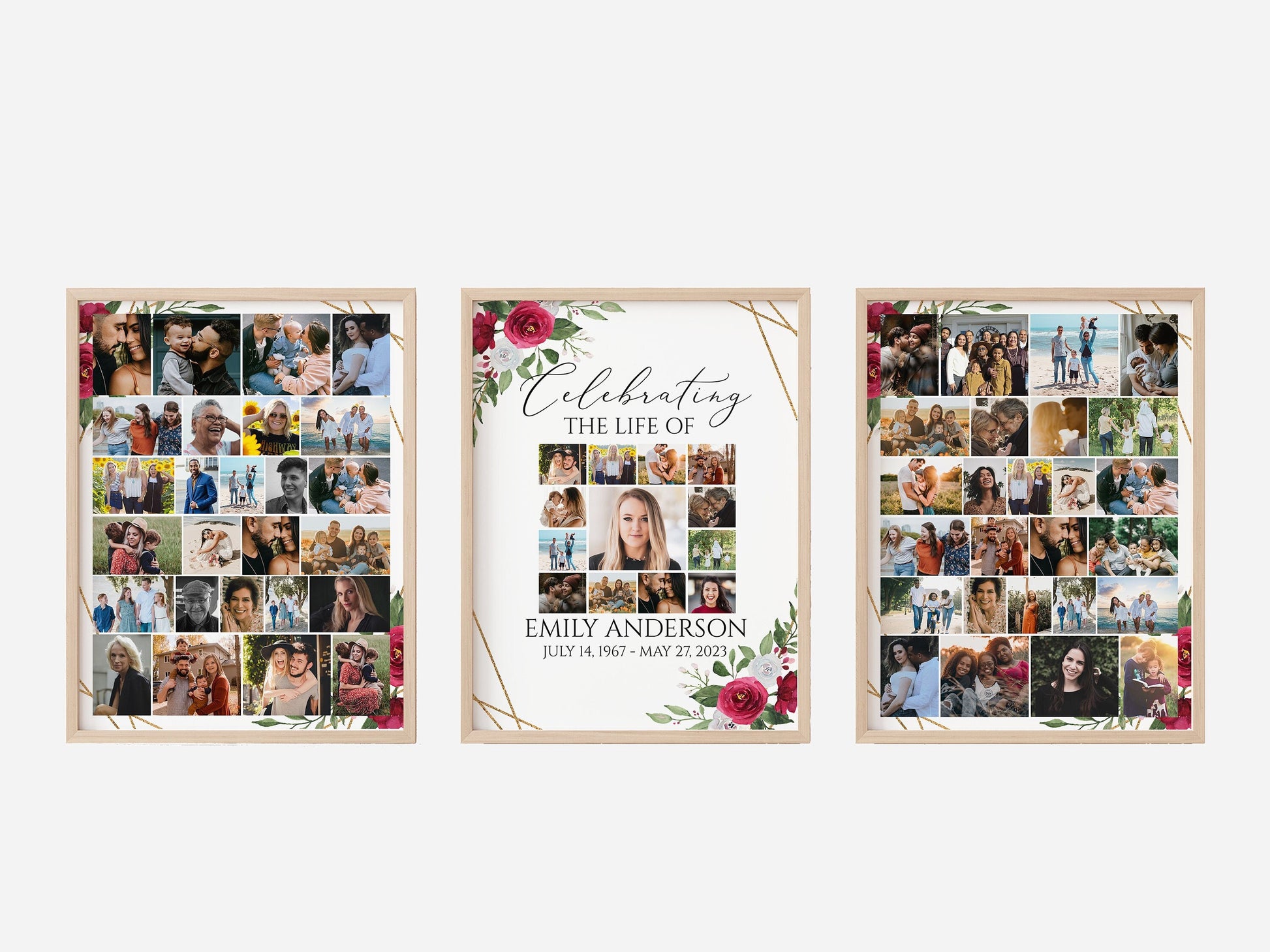 Celebration Of Life White Pink Roses Photo Collage Funeral Welcome Sign Set Templates, White Pink Roses Photo Collage Funeral Sign, Photo Memorial Poster, Funeral Photo Display Set P2