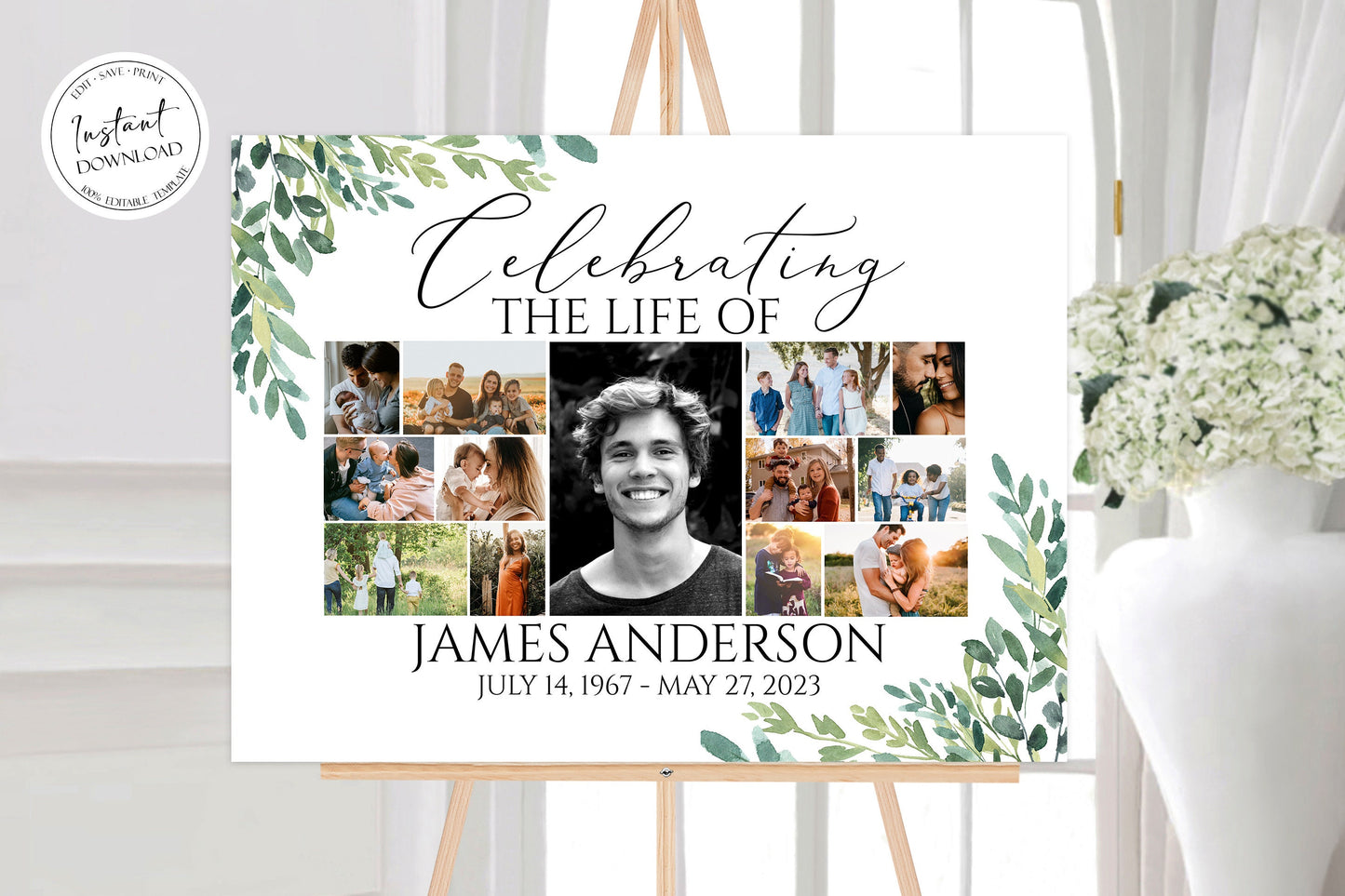 Celebration Of Life Multiple Photos Funeral Welcome Poster, Editable Celebration Of Life Watercolor Greenery Photo Collage Funeral Welcome Sign Template, Collage Memorial Service Sign G2