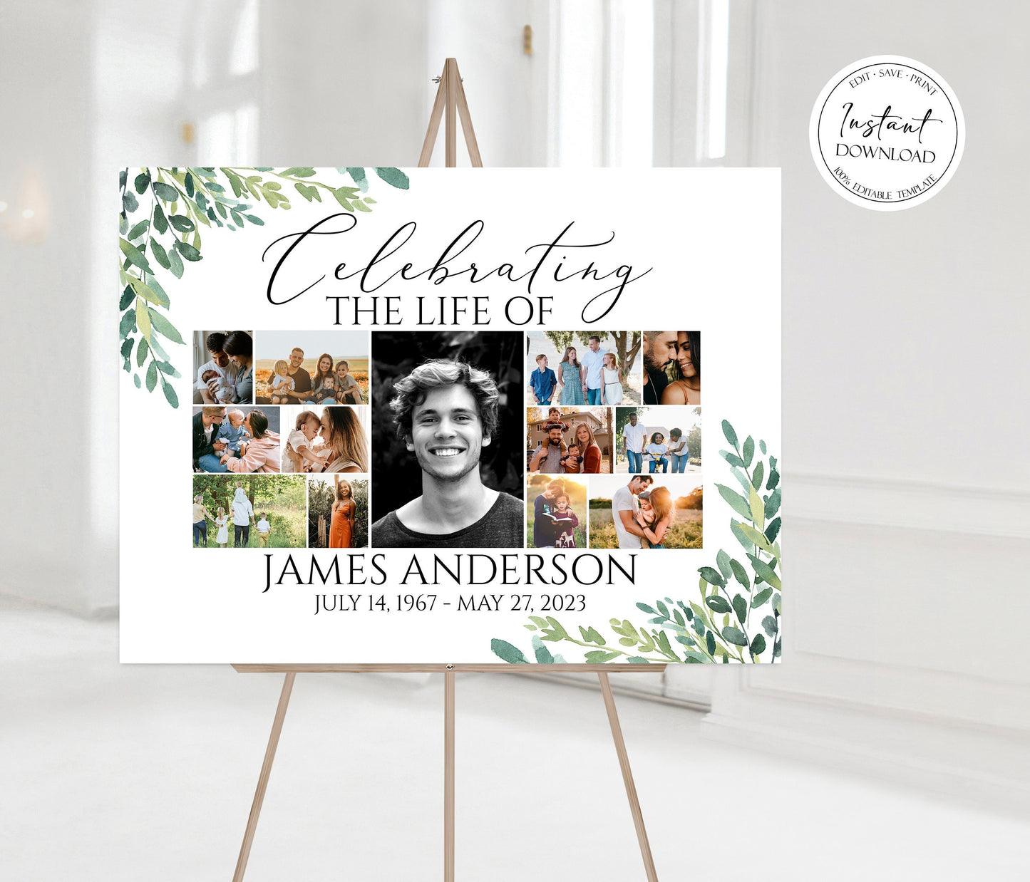 Celebration Of Life Multiple Photos Funeral Welcome Poster, Editable Celebration Of Life Watercolor Greenery Photo Collage Funeral Welcome Sign Template, Collage Memorial Service Sign G2