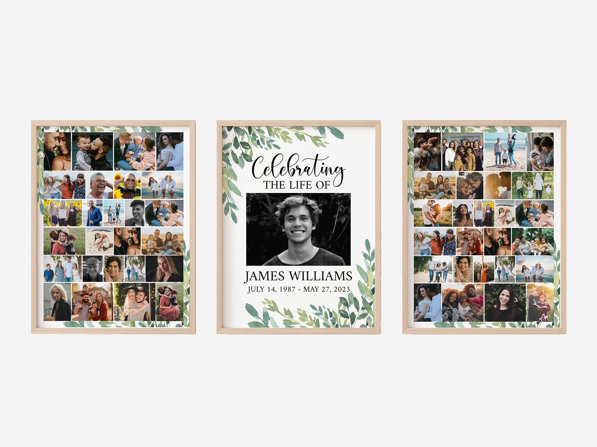 Celebration Of Life Watercolor Greenery Photo Collage Funeral Welcome Sign Templates, Editable Greenery Photo Collage Memorial Sign, Funeral Photo Display Set G2