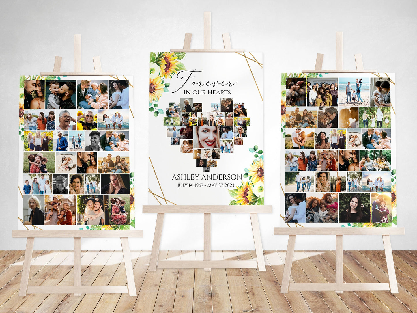 Forever in our Hearts Sunflower Heart Photo Collage Funeral Welcome Sign Template, Forever in our Hearts Sunflower Memorial Photo Display Set S1