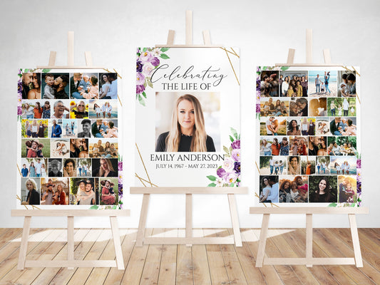 Celebration Of Life Funeral Poster Purple Photo Collage Funeral Welcome Sign Photo Memorial Sign Purple Funeral Poster Photo Display Set P1