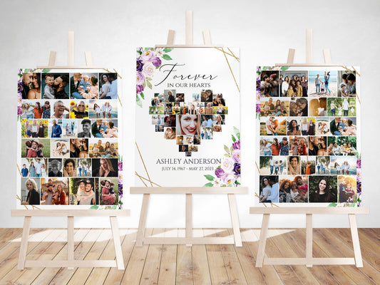 Celebration Of Life Funeral Poster, Editable Purple Heart Photo Collage Funeral Sign, Forever in our Hearts, Memorial Photo Display Set P1