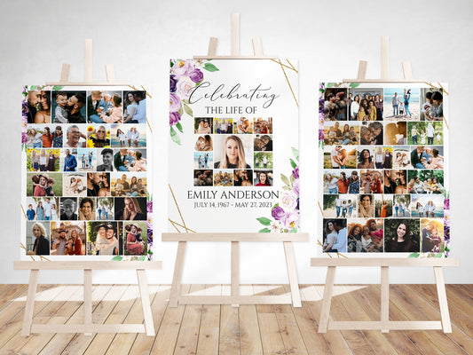 Celebration Of Life Funeral Poster, Editable Purple Photo Collage Funeral Sign, Photo Memorial Sign, Funeral Poster Photo Display Set P1