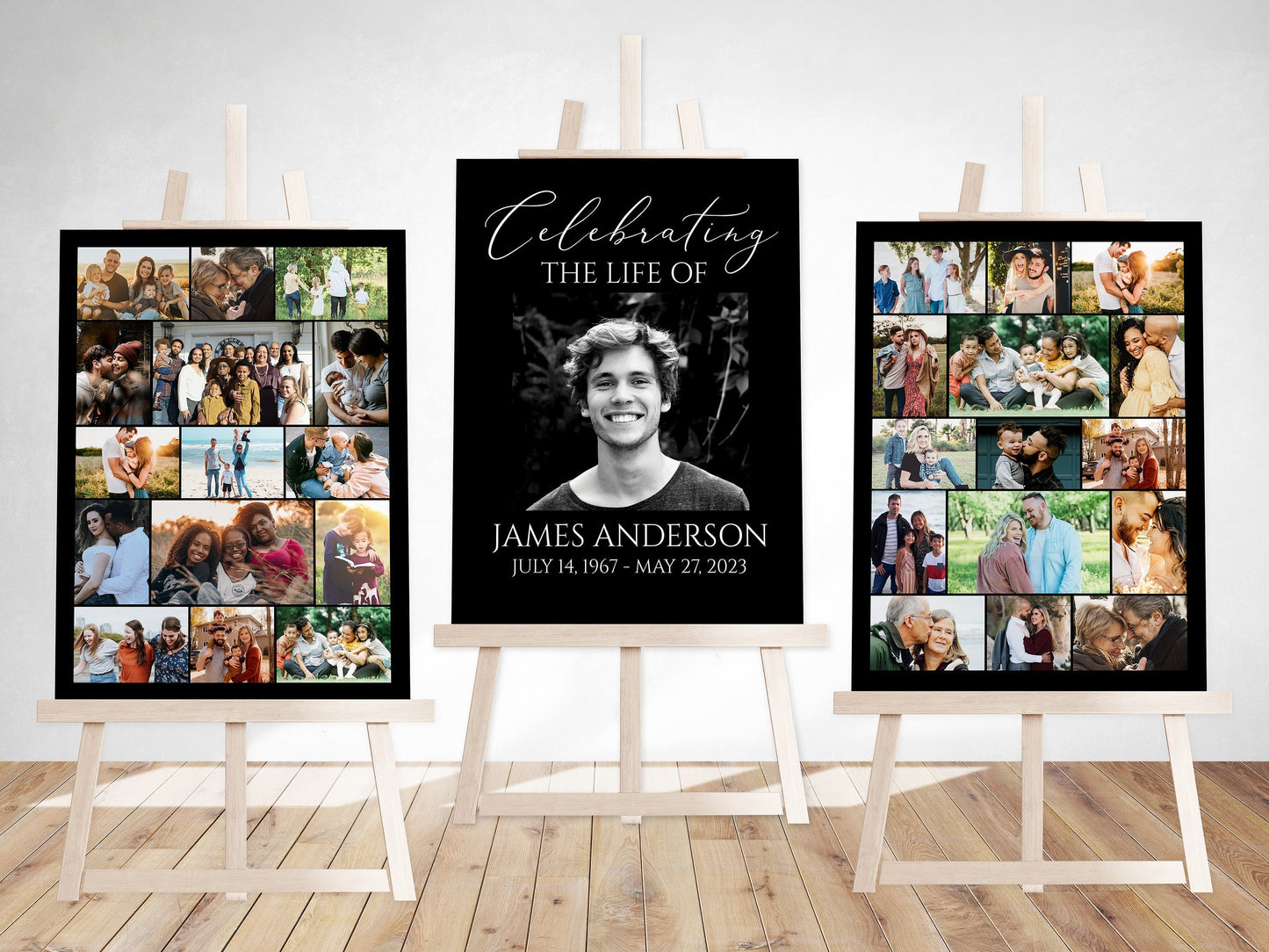 Celebration Of Life Minimalist Elegant Black Photo Collage Funeral Welcome Sign Set Templates, Funeral Poster Photo Display Set, Photo Collage Memorial Service Sign