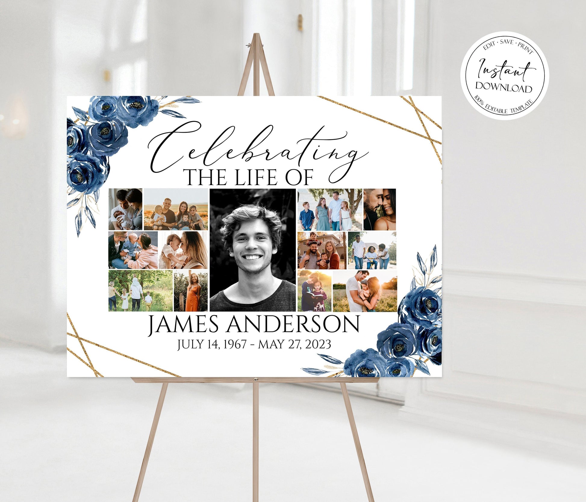 Celebration Of Life Royal Blue Flowers Gold Photo Collage Funeral Welcome Sign Template, Editable Royal Blue Photo Collage Funeral Poster, Collage Memorial Service Sign