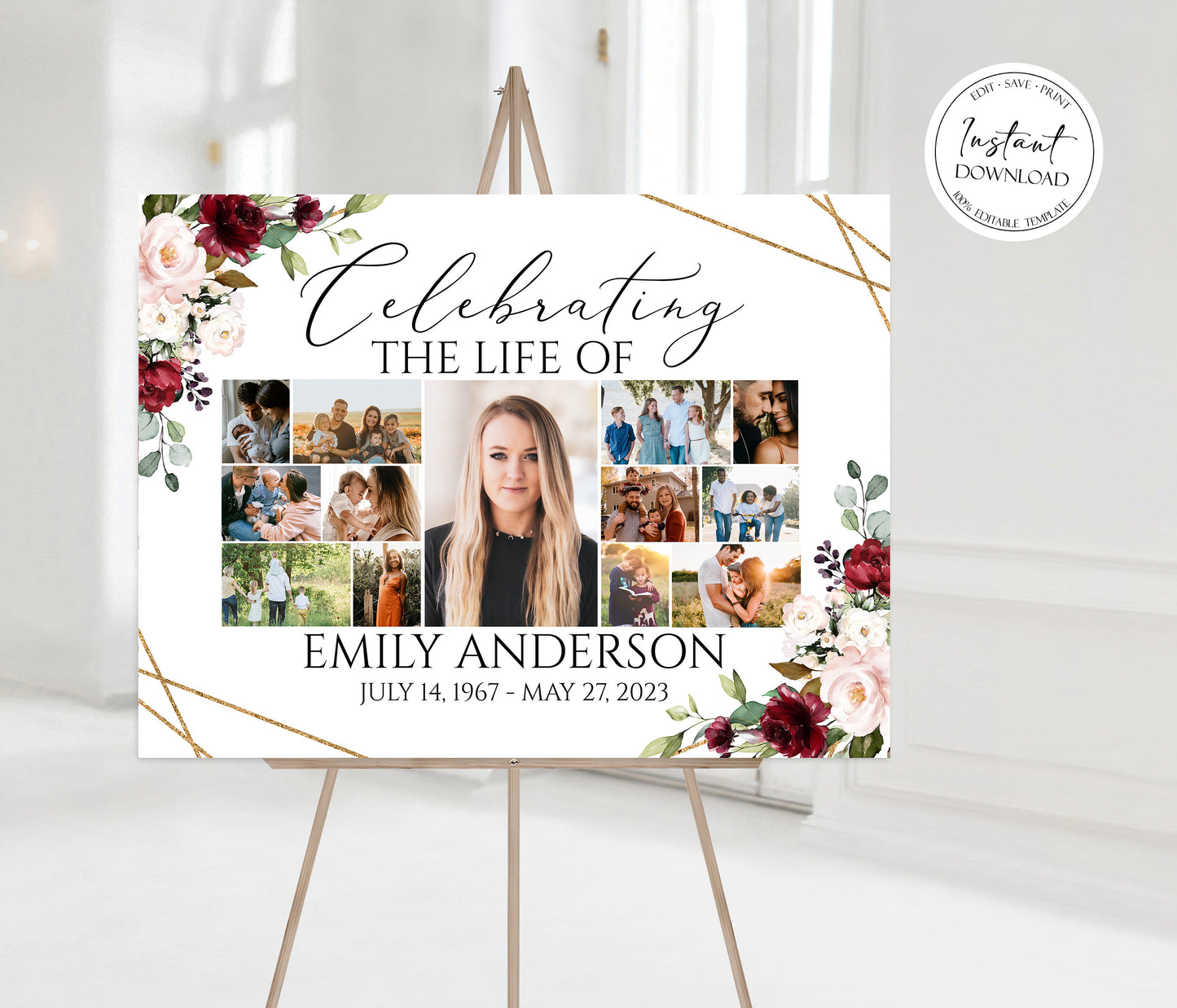 Red Roses Celebration Of Life Funeral Welcome Sign Multiple Photos Funeral Poster Editable Red Roses Greenery Photo Collage Memorial Sign R1