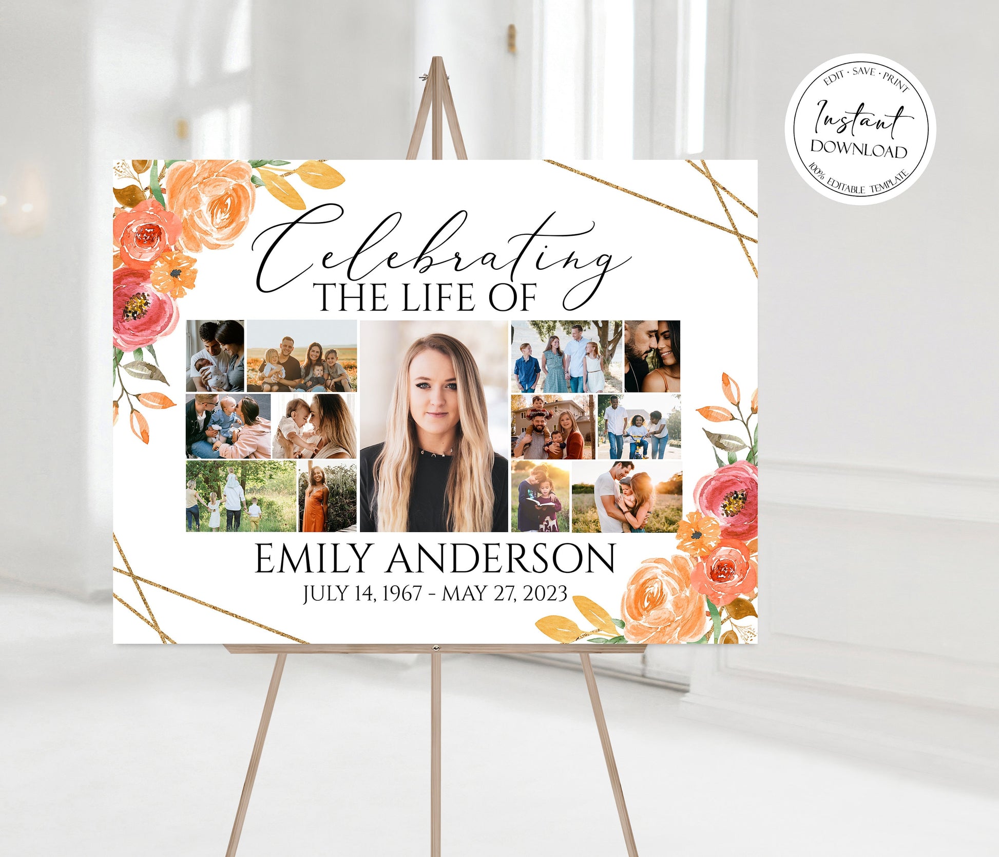 Celebration Of Life Orange Floral Gold Fall Photo Collage Funeral Welcome Sign Template, Editable Autumn Orange Flowers Photo Collage Memorial Sign