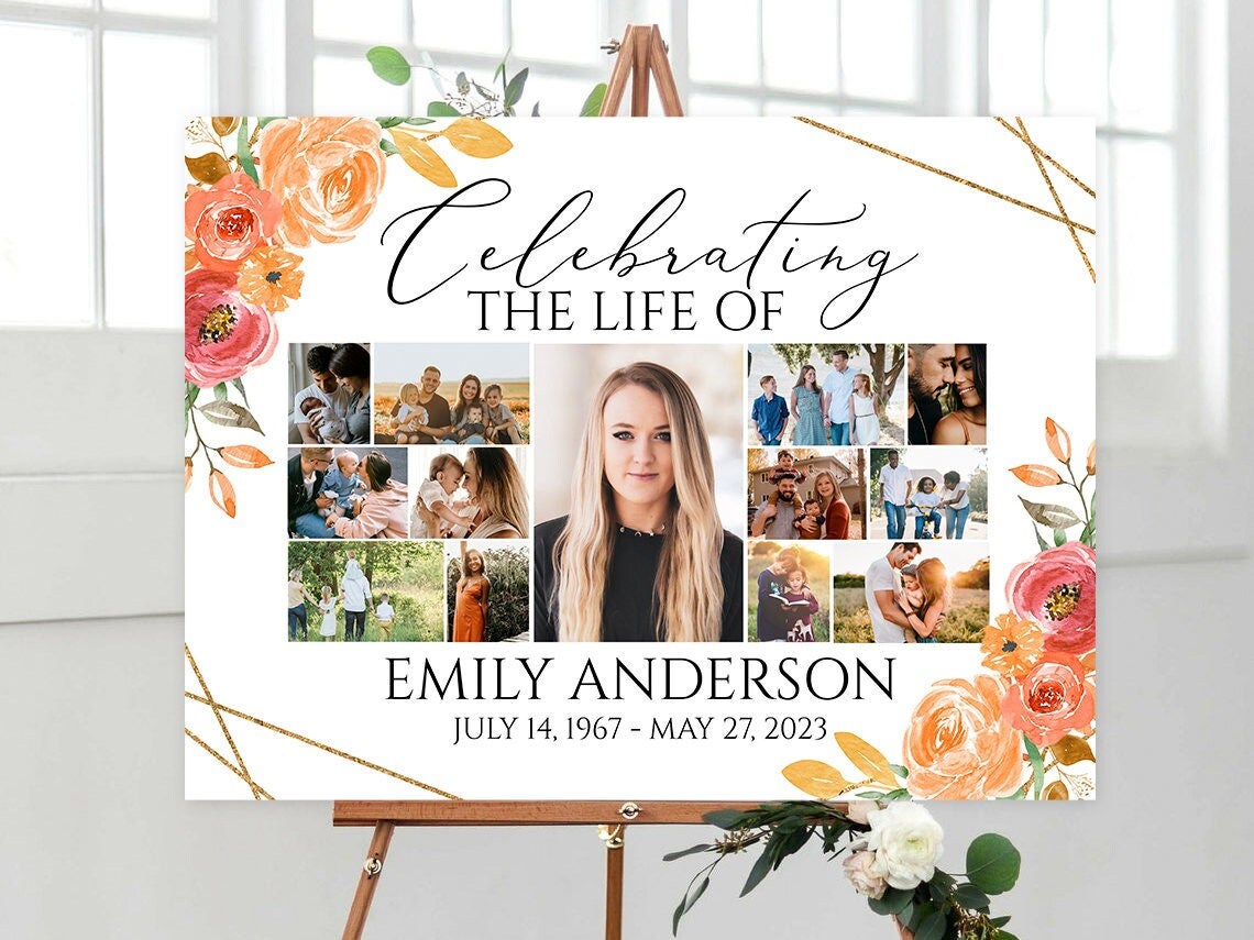 Celebration Of Life Orange Floral Gold Fall Photo Collage Funeral Welcome Sign Template, Editable Autumn Orange Flowers Photo Collage Memorial Sign