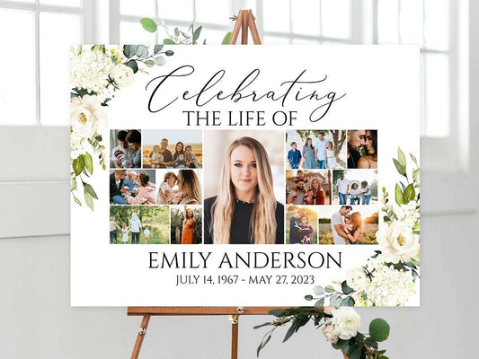 Celebration Of Life White Greenery Floral Gold Cross Photo Collage Funeral Welcome Sign Template, White Greenery Collage Funeral Poster, Cross Photo Collage Memorial Sign