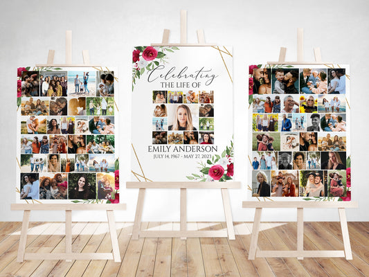 Celebration Of Life White Pink Roses Photo Collage Funeral Welcome Sign Set Templates, White Pink Roses Photo Collage Funeral Sign, Photo Memorial Poster, Funeral Photo Display Set P2