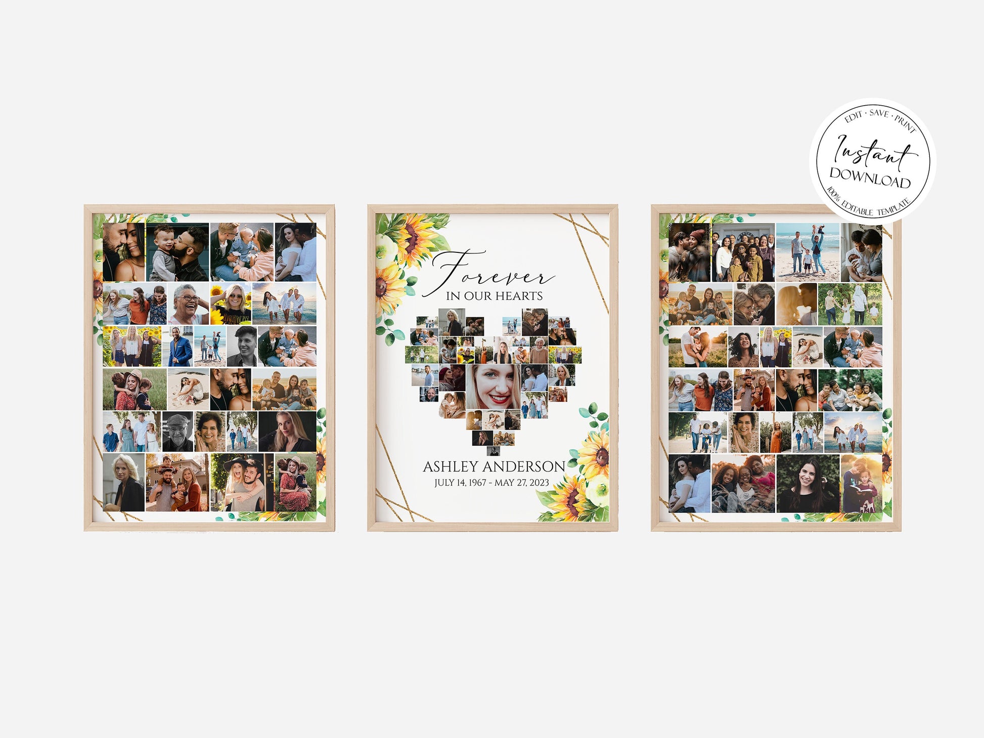 Forever in our Hearts Sunflower Heart Photo Collage Funeral Welcome Sign Template, Forever in our Hearts Sunflower Memorial Photo Display Set S1