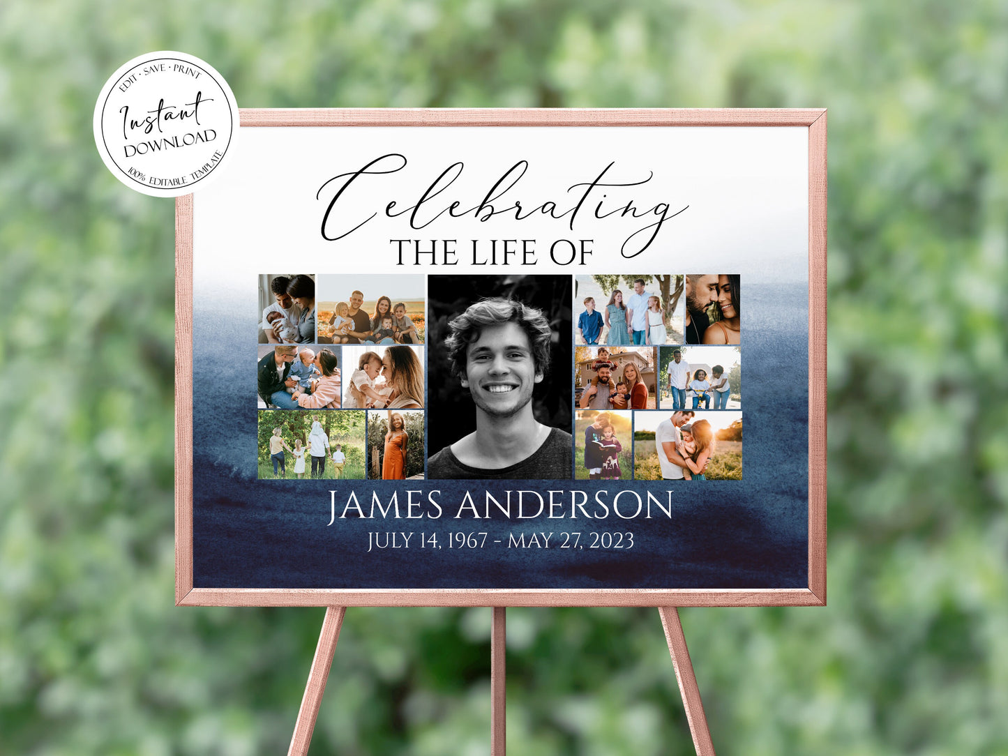 Celebration Of Life Multiple Photos Funeral Welcome Sign, Blue Watercolor Collage Funeral Poster, Ocean Photo Collage Memorial Service Sign B5