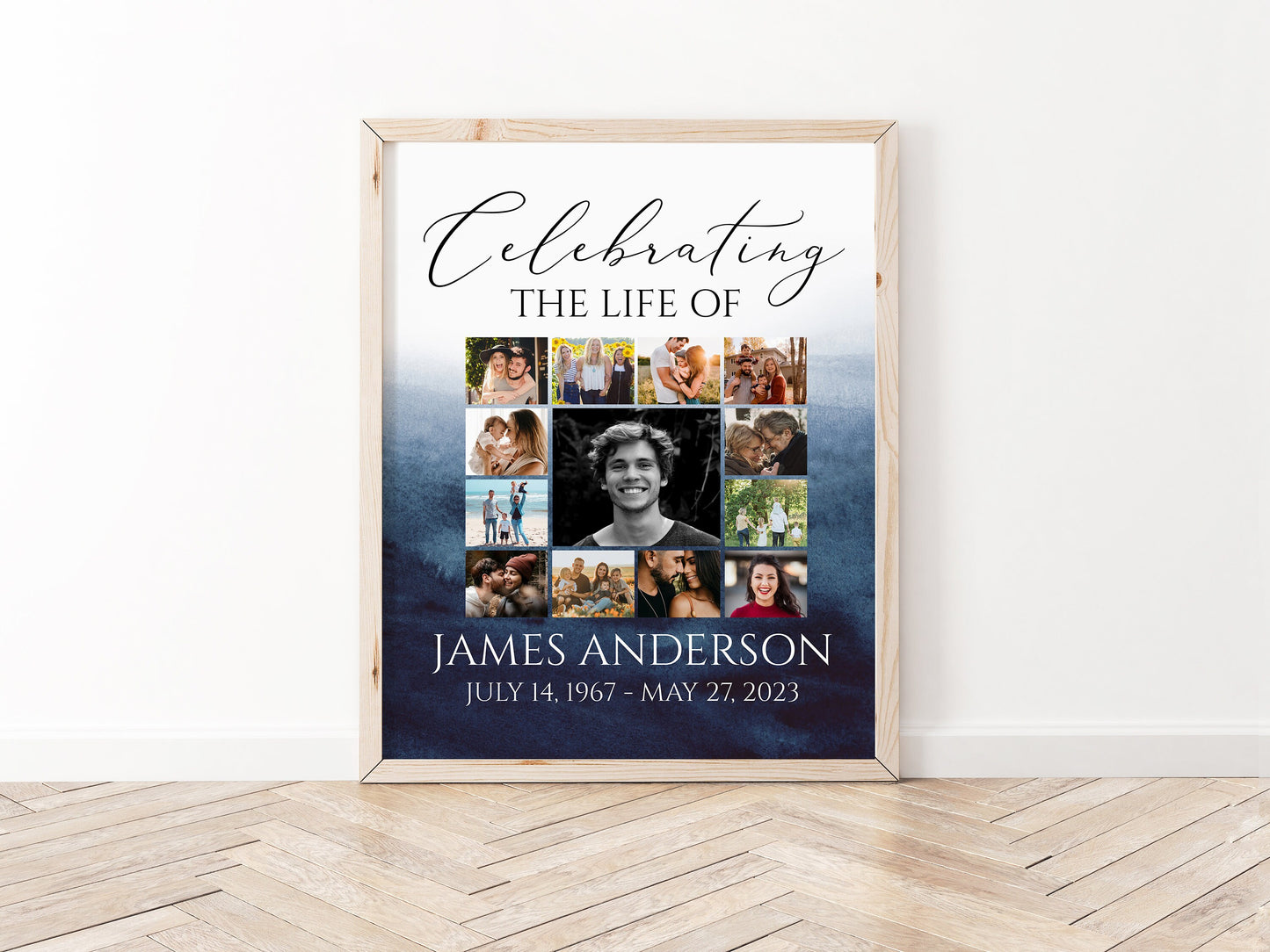 Celebration Of Life Blue Watercolor Photo Collage Funeral Welcome Sign, Ocean Photo Collage Funeral Poster Blue Photo Collage Memorial Sign B5